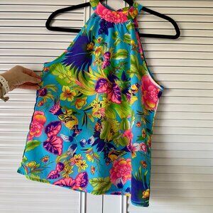 Topical Floral Paradise Neon Pink, Blue, Purple, Green Sleeveless Halter Top